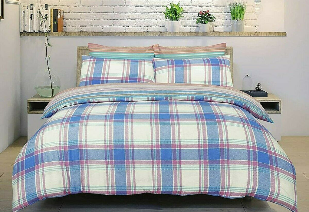 Checked Bedding Set Blue & Pink Cotton Double Reversible Duvet & Pillowcase Set