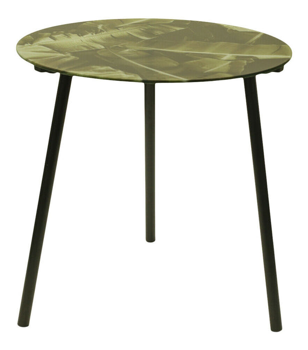 40cm Glass Round Side Table Leafy Floral Print Tray Top 3 Metal Leg Coffee Table