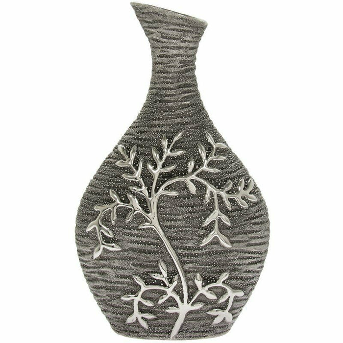 26cm Tall Ceramic Gunmetal Flower Vase Mirrored Floral Design Bottle Shape Vase
