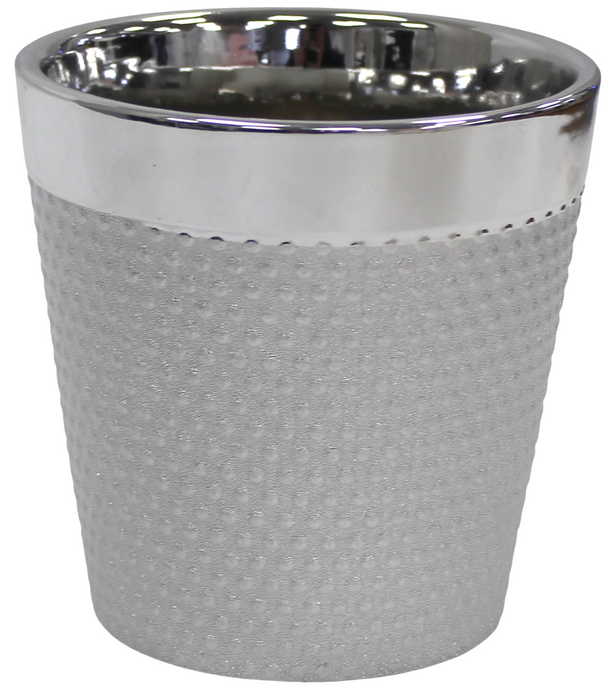 13cm Small Round Gloss Ceramic Plant Pot, Silver Textured Dot Indoor/Outdoor Pot