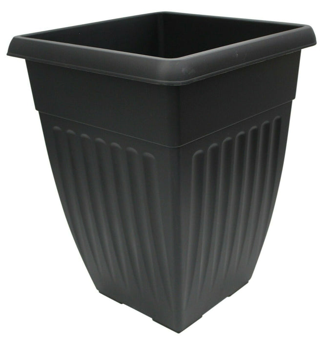 42cm Tall Square Plastic Plant Pot Flower Planter Black Rippled Design