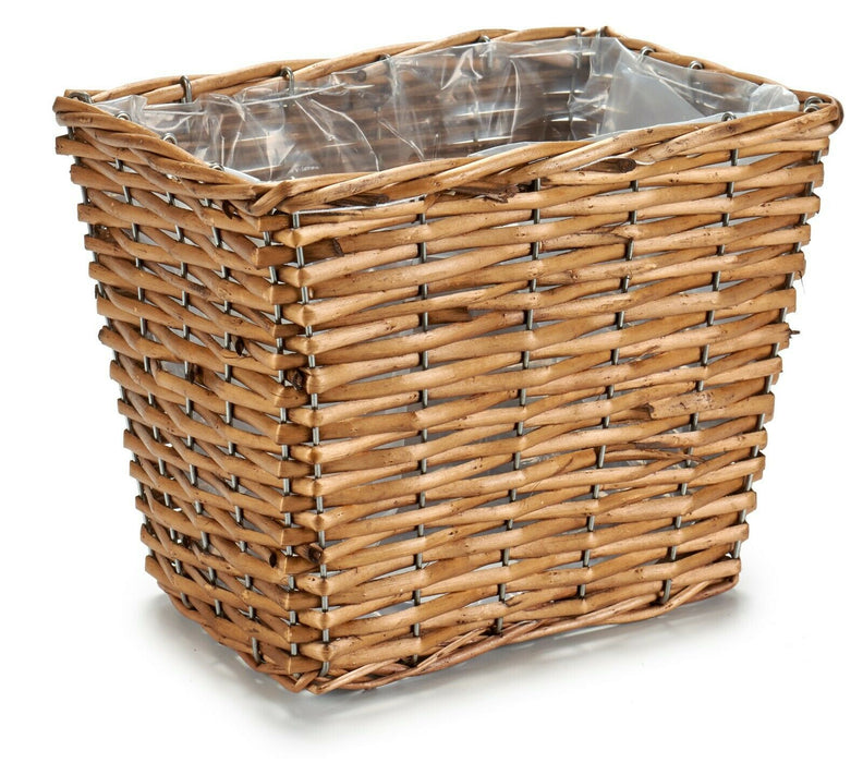 18cm Small Brown Wicker Flower Basket 25cm Plastic Lined Rectangular Rattan Pot