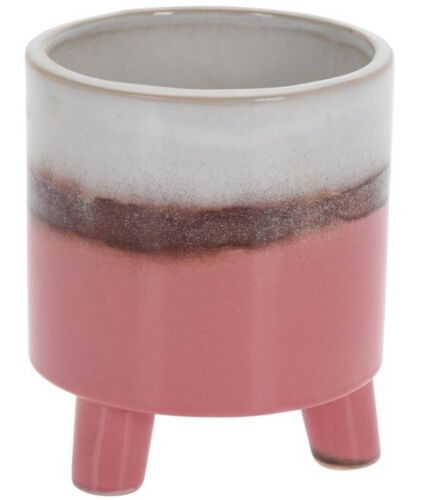 14cm Round (1L) Glossy Ceramic Plant Pot With 3 Legs - Pink, White and Brown