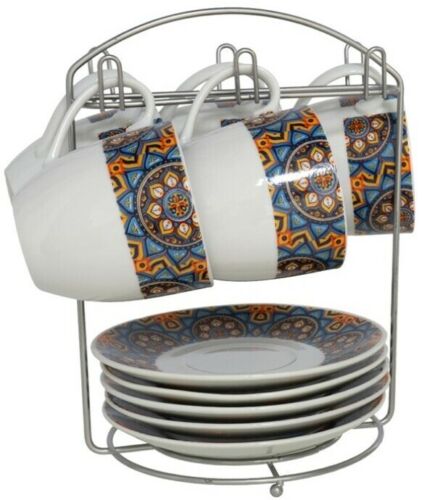 Tea Mug & Plate Set With Stand 6 Coffee Mugs & 6 Saucers 12 Piece Dinner Set