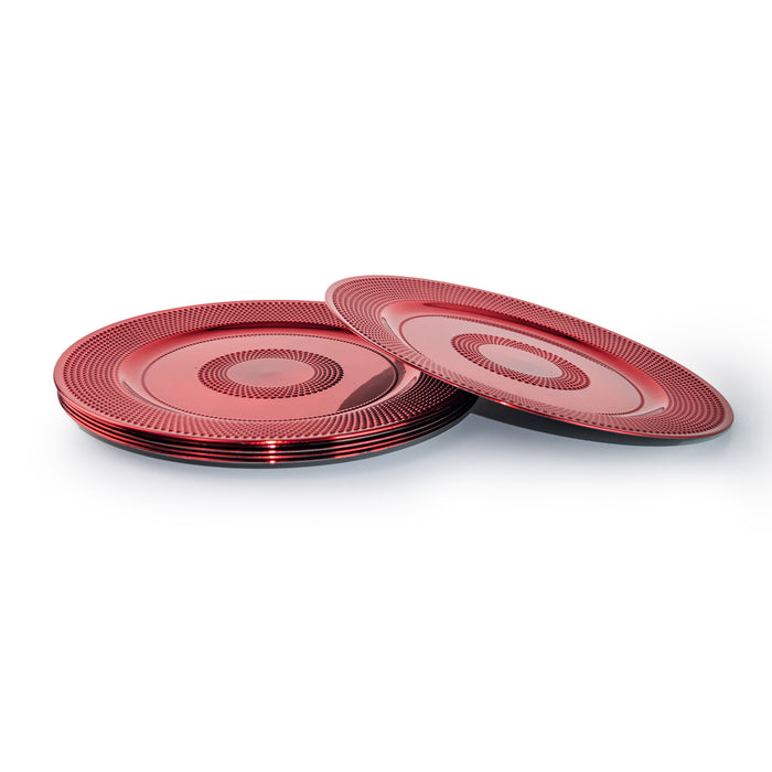 Set of 4/6 33cm Round Plastic Charger Plates, Red Textured Rim Tableware Plate Set