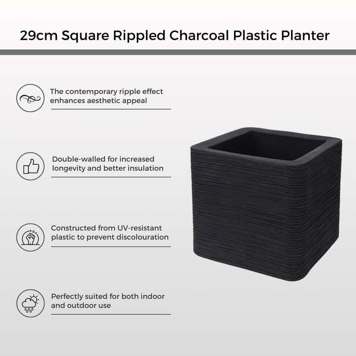 Square Cube Ribbed Charcoal Planter Indoor Outdoor Double Walled Plant Pot 29cm