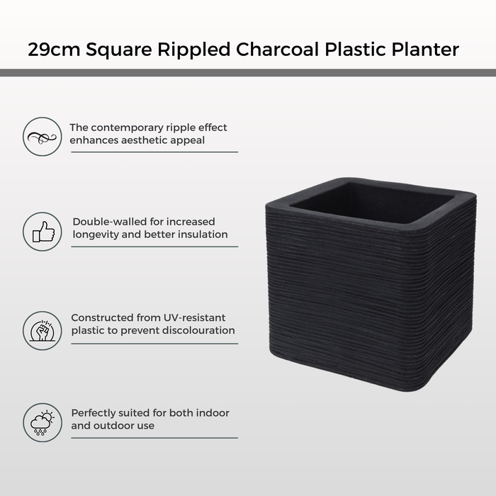 Koopman 29cm Square Rippled Plastic Planter, Charcoal Double-Walled Flower Pot