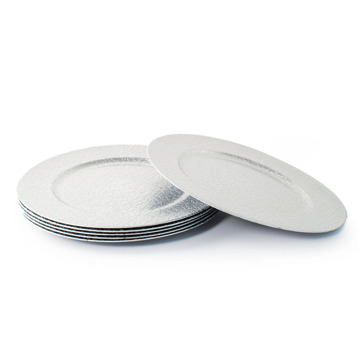 Set of 4 33cm Round Plastic Charger Plates, Silver Crackled Tableware Plate Set