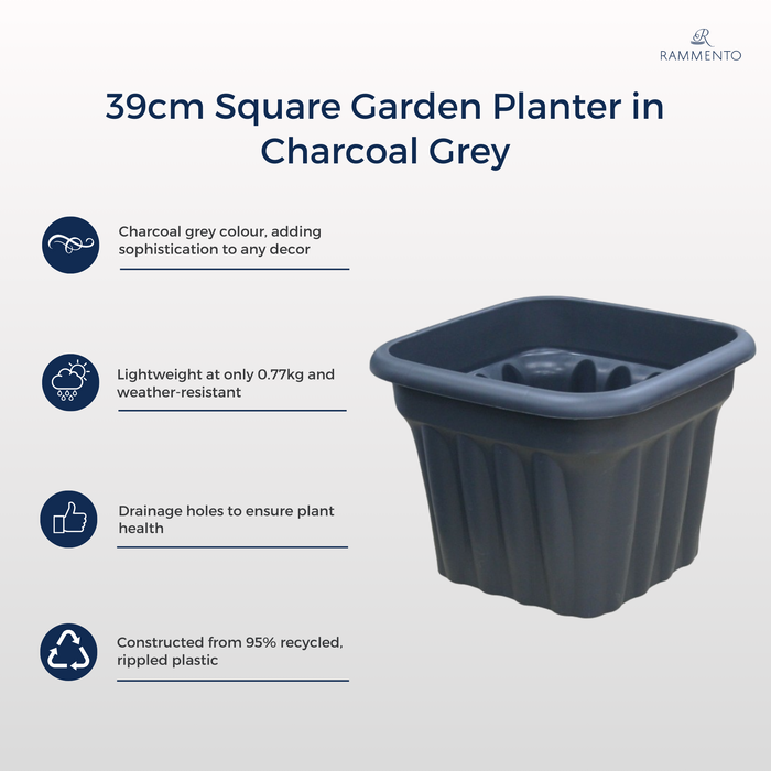 Large Square Rippled Planter Plastic Plant Pot Charcoal Grey 40cm