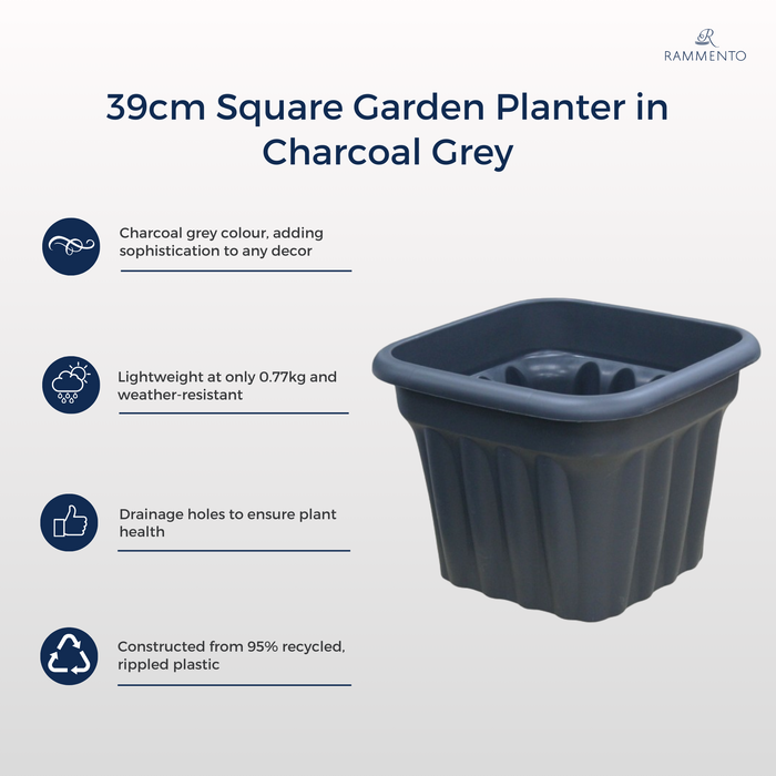 Rammento 30x39cm Charcoal Grey Large Square Garden Planter with Drainage Holes