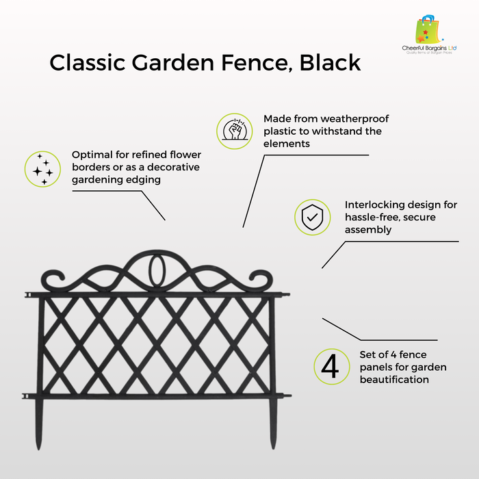 Set of 4 Decorative Fence Panels, Black, 1.9M Total Length, Weatherproof Plastic