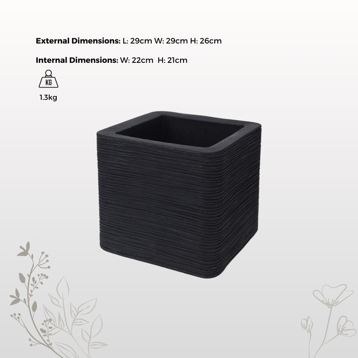 Koopman 29cm Square Rippled Plastic Planter, Charcoal Double-Walled Flower Pot