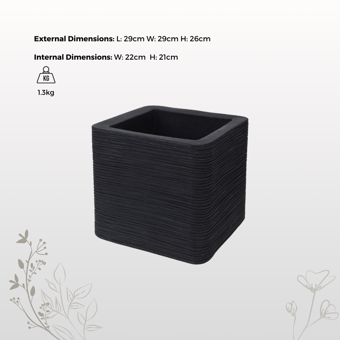 Square Cube Ribbed Charcoal Planter Indoor Outdoor Double Walled Plant Pot 29cm