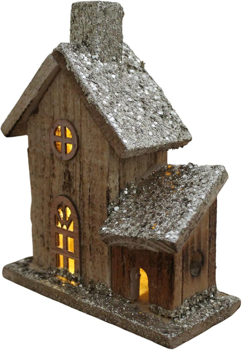 20cm Tall Wooden LED Light-Up Christmas Village House, Brown with Snow-Effect Roof