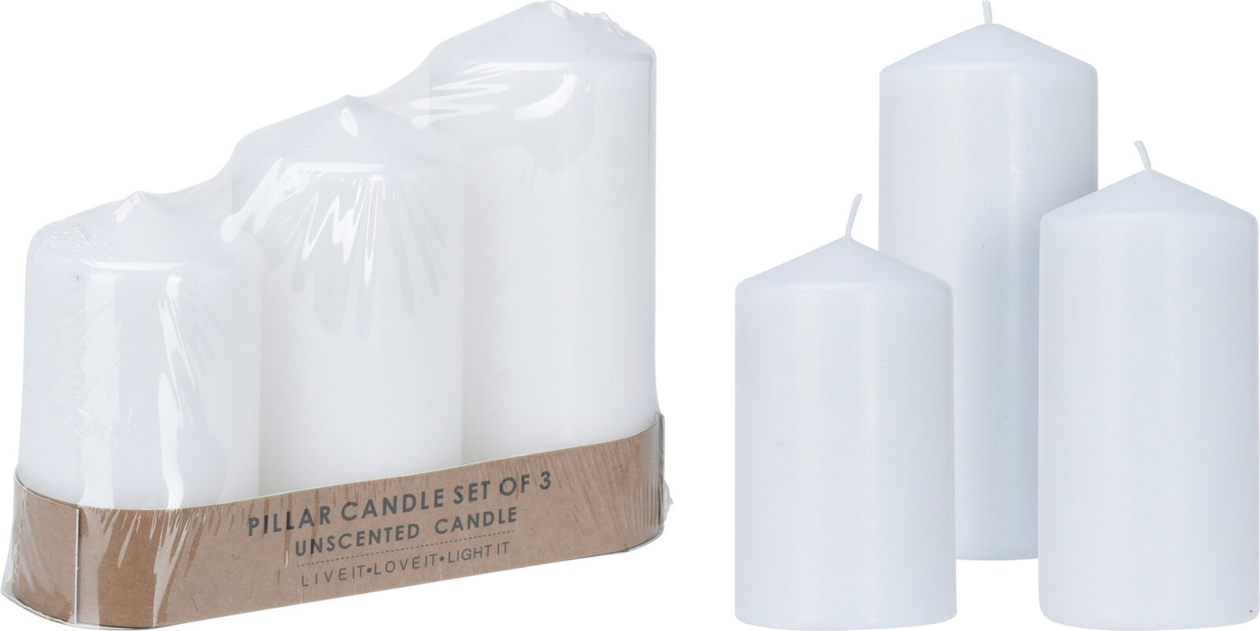 3-Pack Smokeless Unscented Pillar Candles Multipack, White Dripless Paraffin Wax