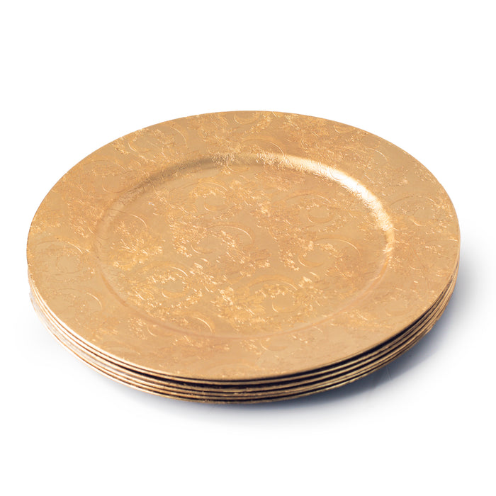CB Set of 4 Gold Charger Plates, 33cm Embossed Floral Round Under Plates