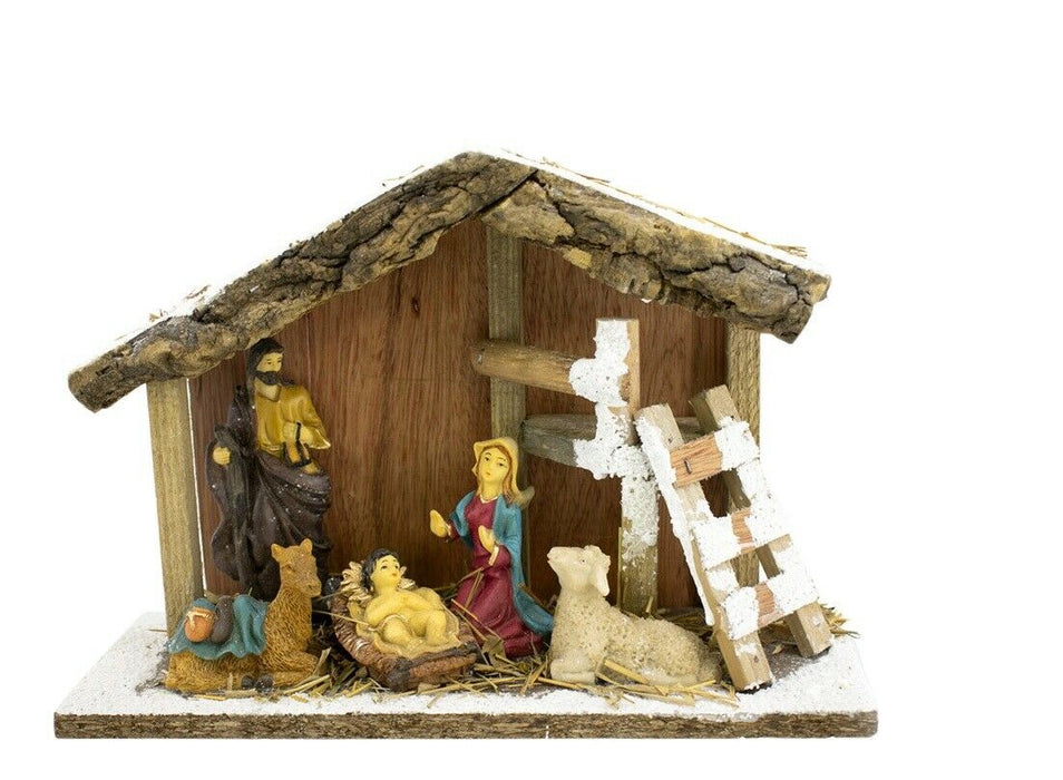 25cm Small Traditional Wooden Christmas Crib Nativity Set with 5 Resin Figures