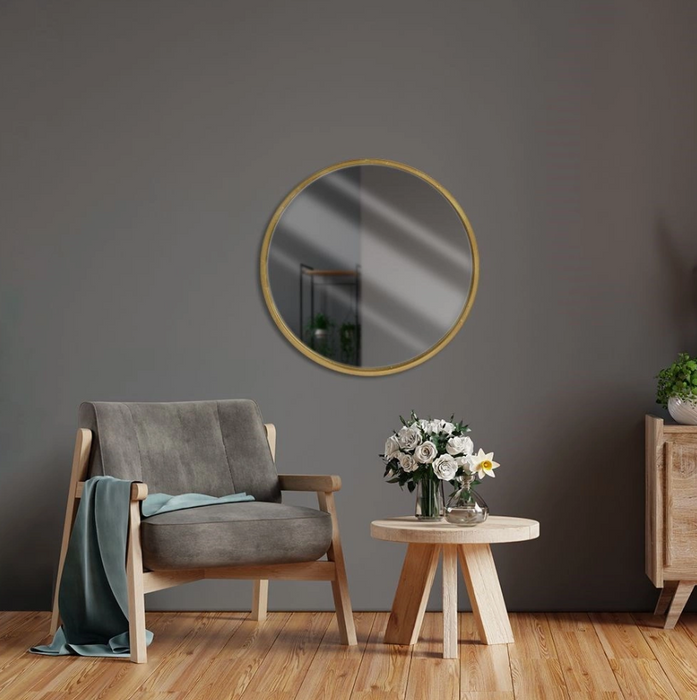 50cm Long Large Round Glass Wall Mirror with Gold Wooden Frame 3cm Thick Mirror