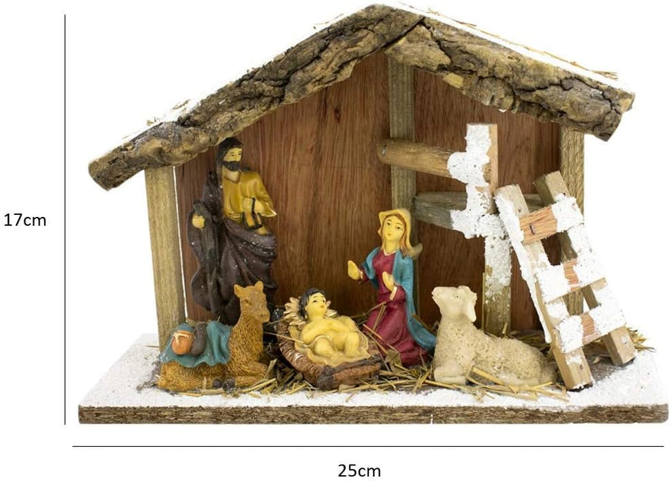 25cm Small Traditional Wooden Christmas Crib Nativity Set with 5 Resin Figures