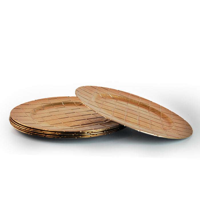 Geri Set of 4/6 33cm Golden Chequered Round Charger Plates for Festive Dining