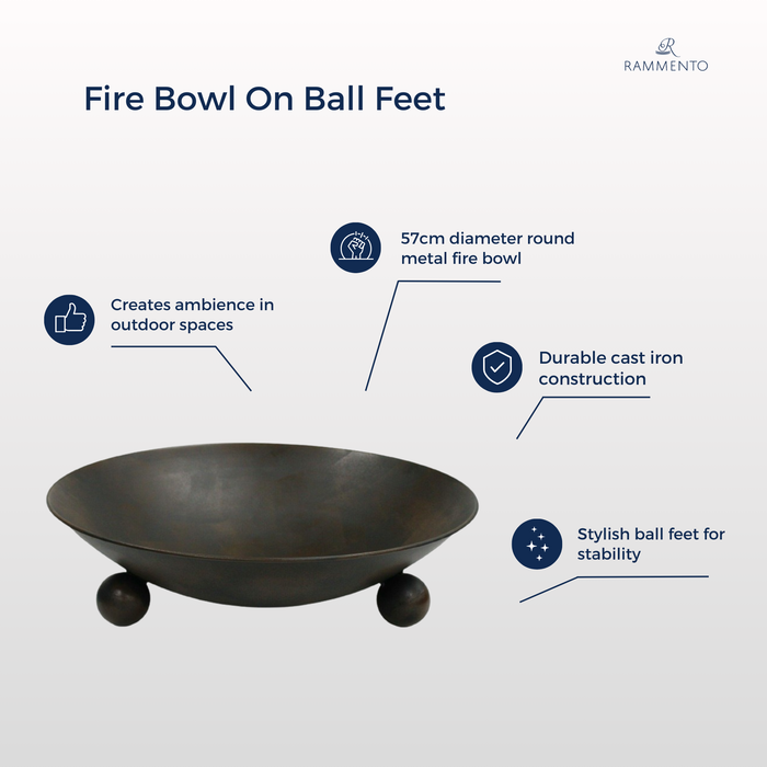 Rammento 57cm Diameter Cast Iron Fire Pit | Large Wood-Burning Metal Fire Bowl