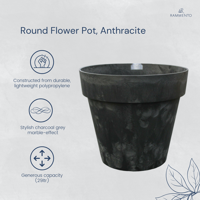 Rammento 40cm ⌀ Large Plastic Barrel Planter, Charcoal Grey Marble Effect 29L