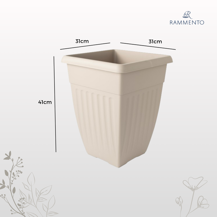 Whitefurze 42cm Extra Tall Garden Planter, Taupe | Plastic Ribbed Square Plant Pot