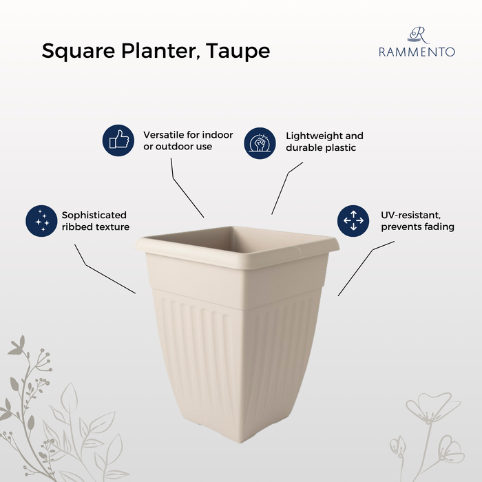 Whitefurze 42cm Extra Tall Garden Planter, Taupe | Plastic Ribbed Square Plant Pot