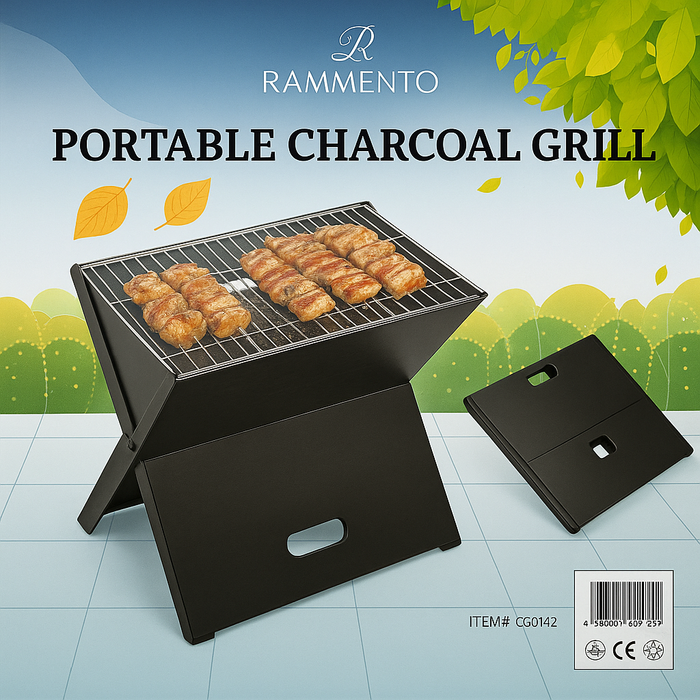 Rammento 45cm Steel Portable Charcoal Grill, Black Folding BBQ Grill with Carry Case