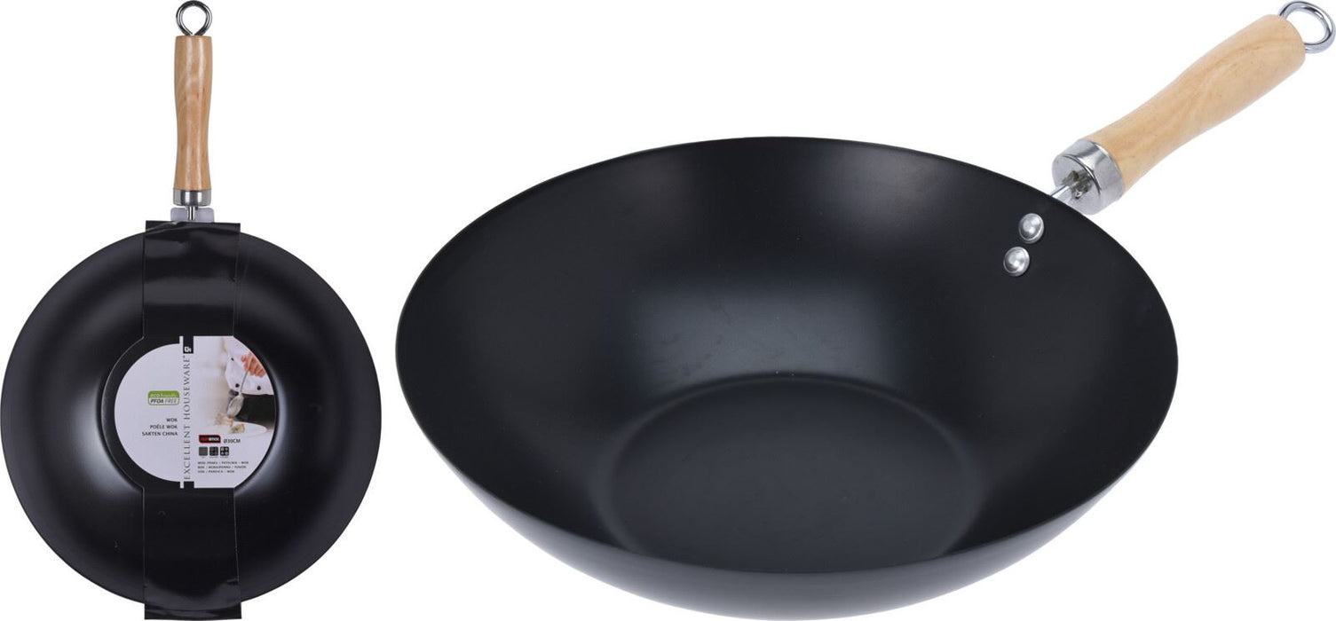 30cm Carbon Steel Non-Stick Wok, Black with Wooden Handle for All Stovetops