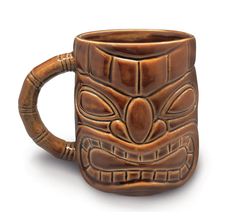 Large 450ml Brown Ceramic Tropical Tiki Mug with Handle, Novelty Drinking Glass