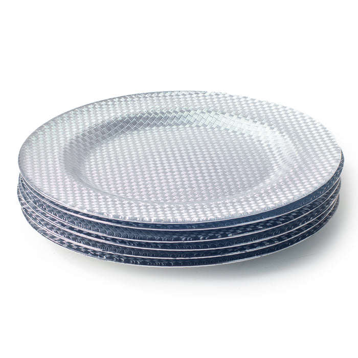 Set of 4 Silver Glass Charger Plates 33cm Round Under Plates Chequered Design