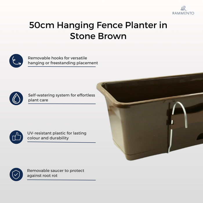 Large 50cm Brown Self-Watering Hanging Plastic Planter Trough with Saucer