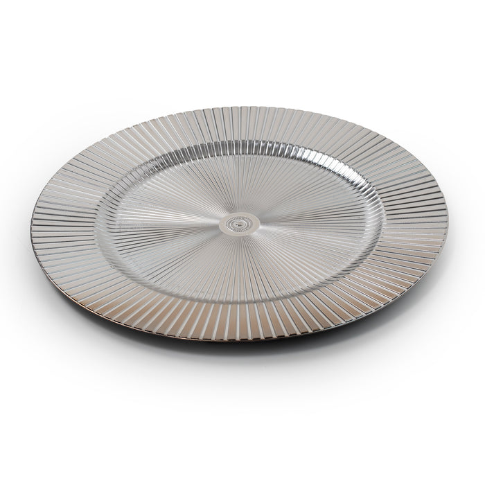 4-Pack 33cm Round Plastic Charger Plates - Silver Decorative Striped Underplates