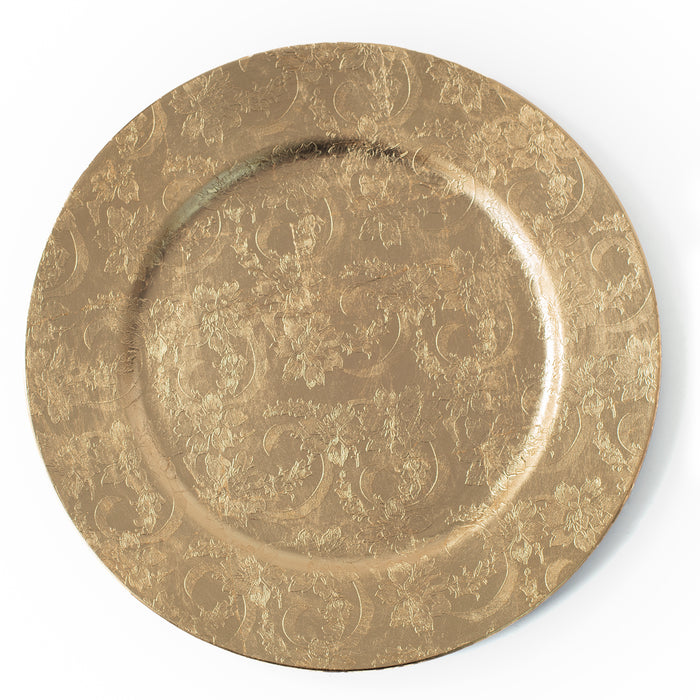 CB Set of 4 Gold Charger Plates, 33cm Embossed Floral Round Under Plates