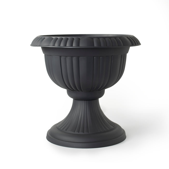 Koop Large 36cm Urn Planter on Flower Pedestal, Grey Rippled Plastic Plant Pot