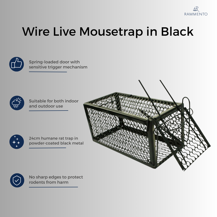 Rammento 24cm Humane Rat Trap, Black | Metal Spring Loaded Bait Box for Rodents