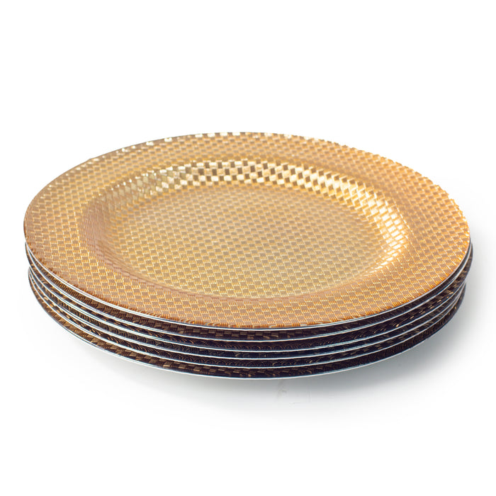 Set of 4 Gold Glass Charger Plates 33cm Round Under Plates Chequered Design