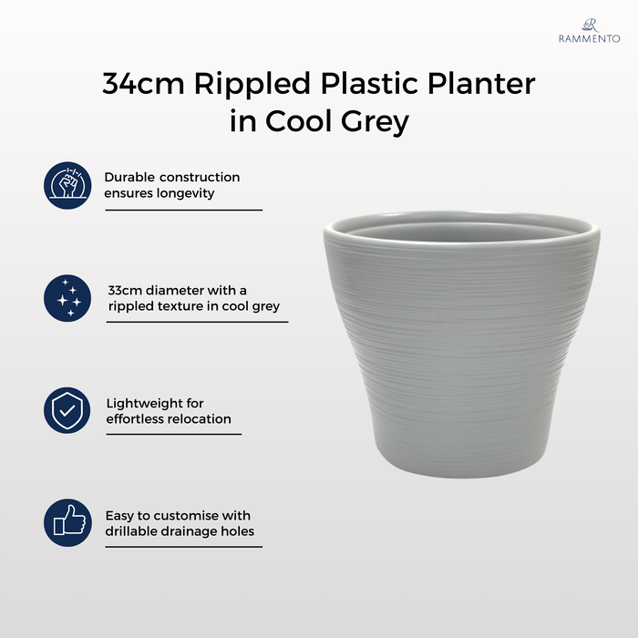 Rammento Large 34cm ⌀ 24.5cm Tall Ribbed Plastic Planter, Cool Grey Indoor/Outdoor