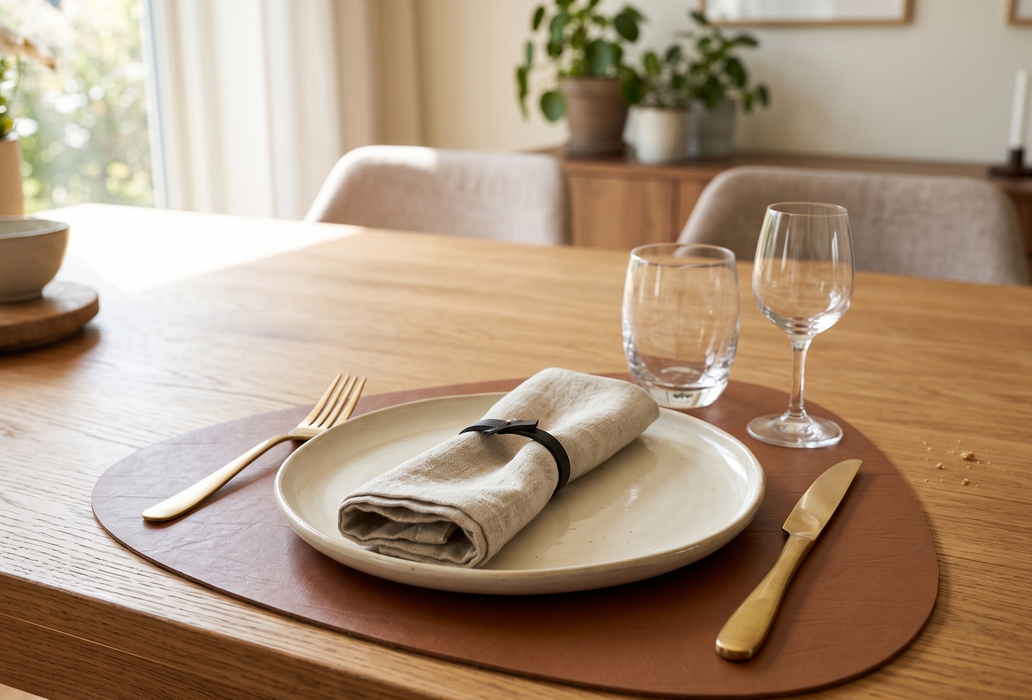 4-Pack 40cm Recycled Leather Placemats, Tan 40x30cm Pebble-Shaped Table Mats