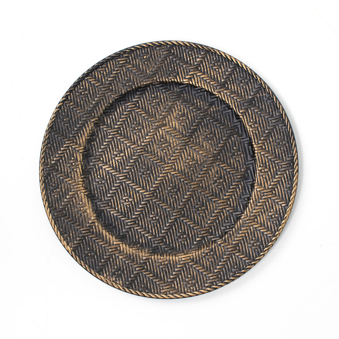 Koop Set of 4 33cm Brushed Gold Charger Plates Plaid Woven Design for Tableware