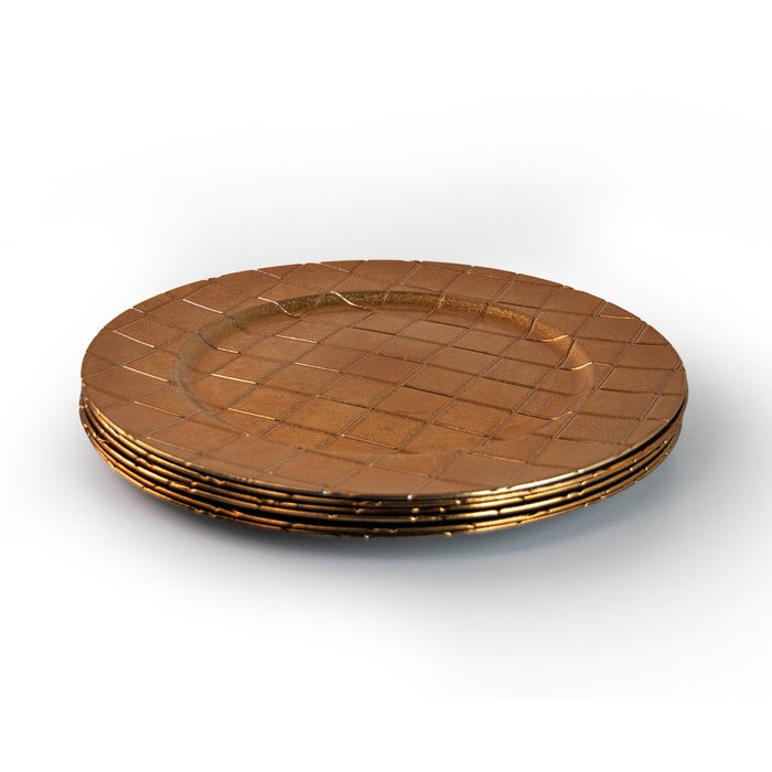 Geri Set of 4/6 33cm Golden Chequered Round Charger Plates for Festive Dining