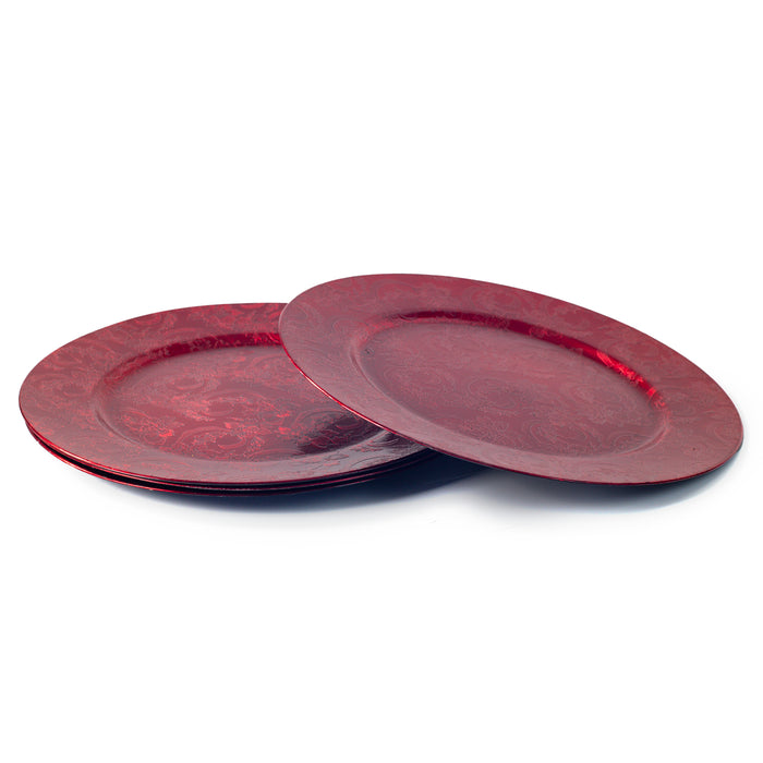 Set of 4 Embossed Red Floral Design 33cm Red Charger Plates Round Under Plate