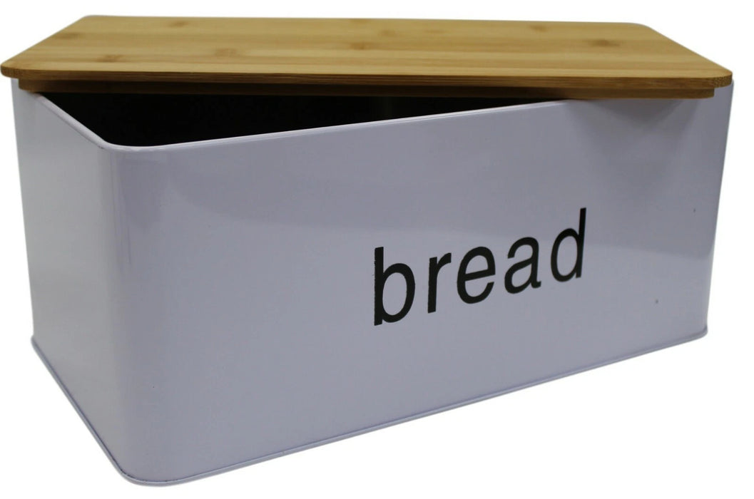 Small 31cm White/Light Purple Metal Bread Bin with Bamboo Chopping Board Lid