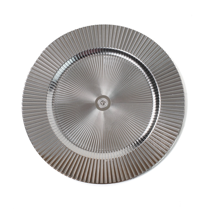 4-Pack 33cm Round Plastic Charger Plates - Silver Decorative Striped Underplates
