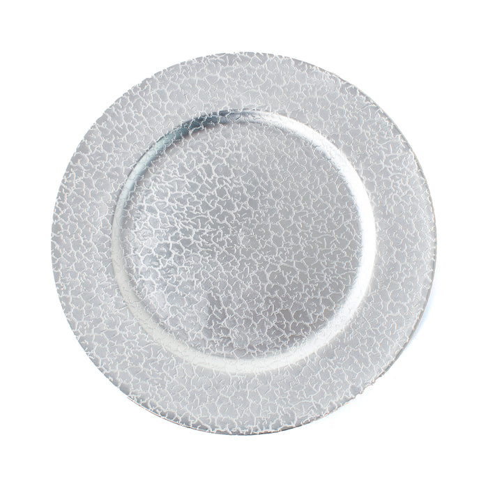 Set of 4 33cm Round Plastic Charger Plates, Silver Crackled Tableware Plate Set
