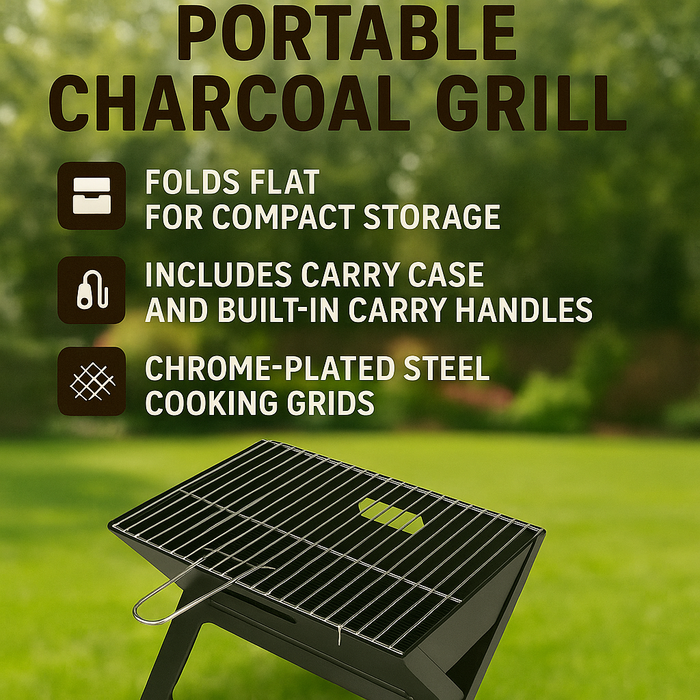 Rammento 45cm Steel Portable Charcoal Grill, Black Folding BBQ Grill with Carry Case