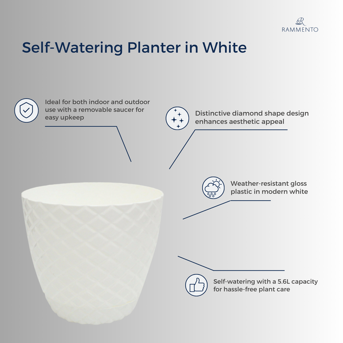 Rammento Self-Watering Plastic Barrel Planter White 22cm Decorative Flower Pot