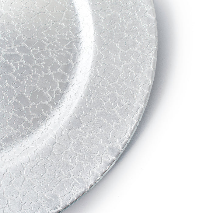 Set of 4 33cm Round Plastic Charger Plates, Silver Crackled Tableware Plate Set
