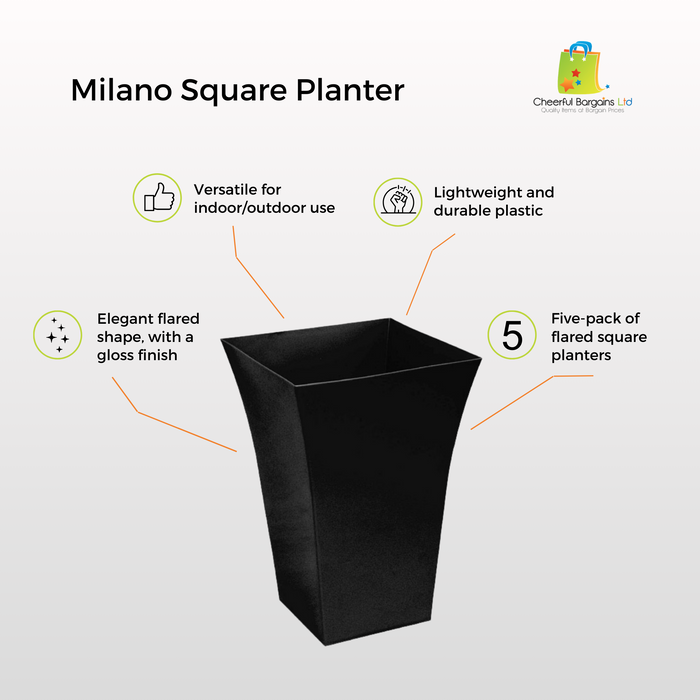 Rammento 37cm Tall Flared Plant Pot, Jet Black Plastic Square Garden Planter